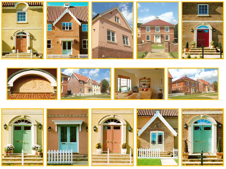 Collage de ejemplos de casas y detalles de diseño residencial Vastu.