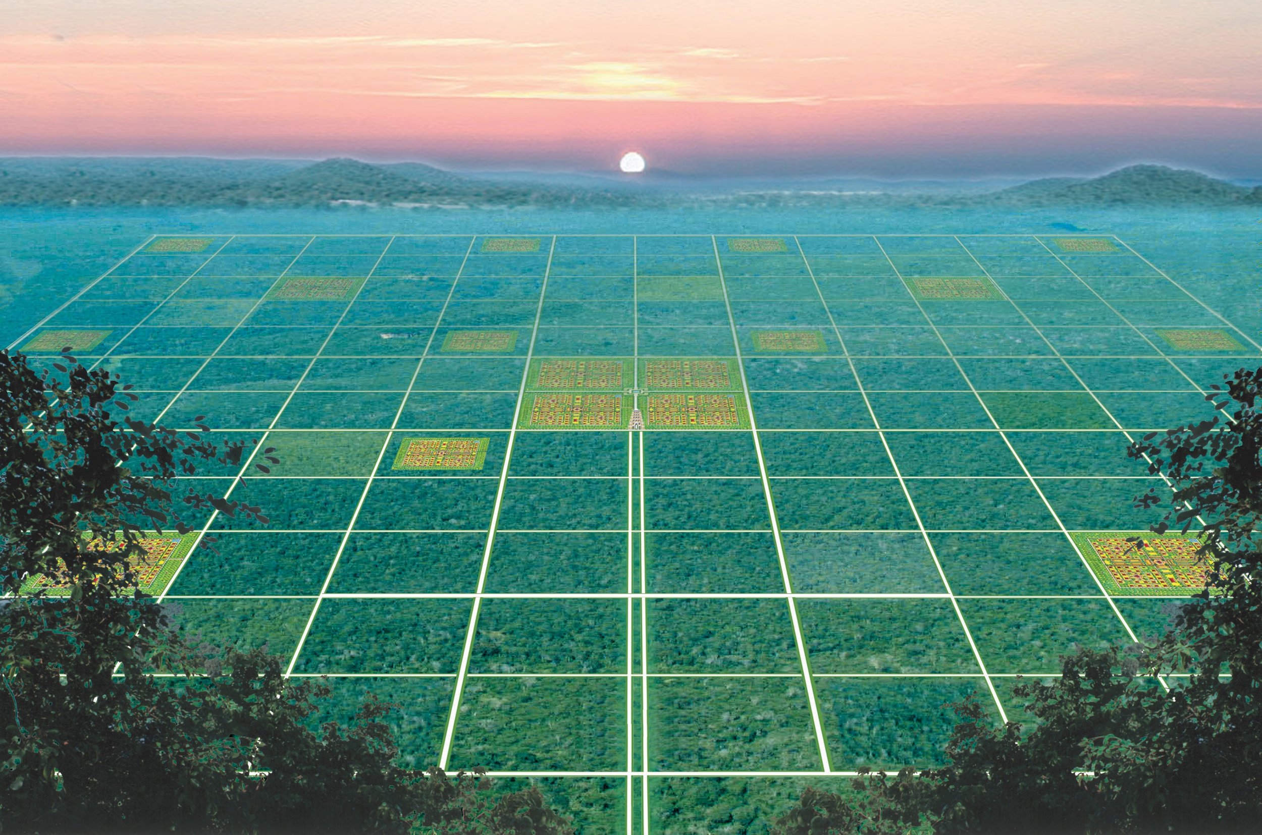 Vista panorámica de una propuesta de planeamiento urbano con una cuadrícula sobre un paisaje verde al amanecer.